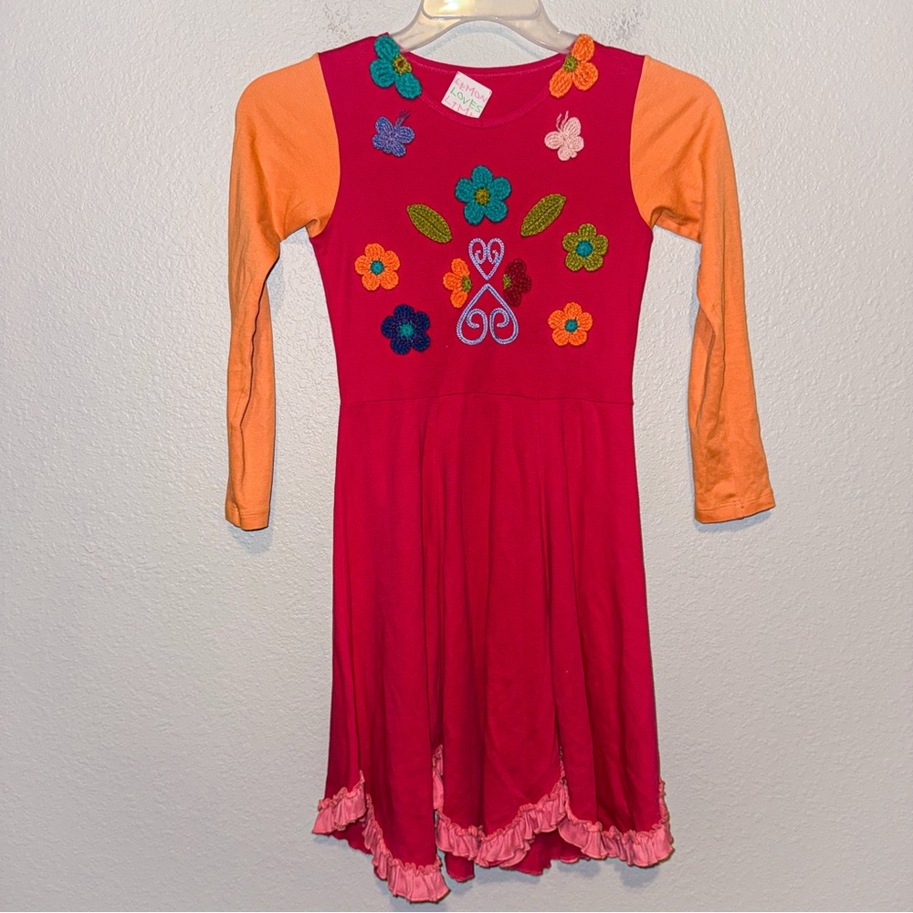Lemon Loves Lime Girls Floral Appliqué Long Sleeve Dress Size 10 Cute Casual